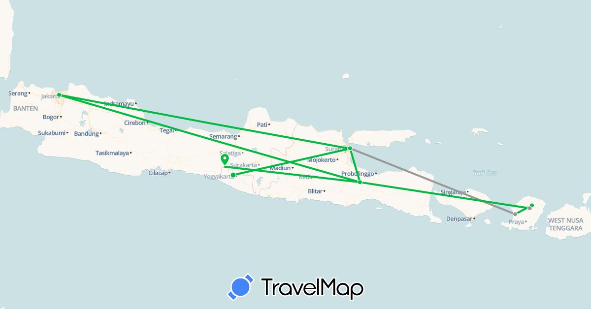 TravelMap itinerary: bus, plane, train in Indonesia (Asia)